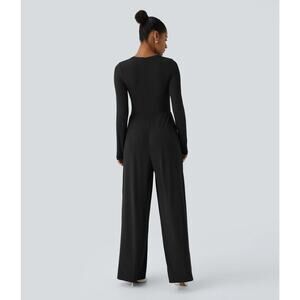 Halara Zipper Long Sleeve Ruched Pocket Wide Leg Casual Jumpsuit Black Small